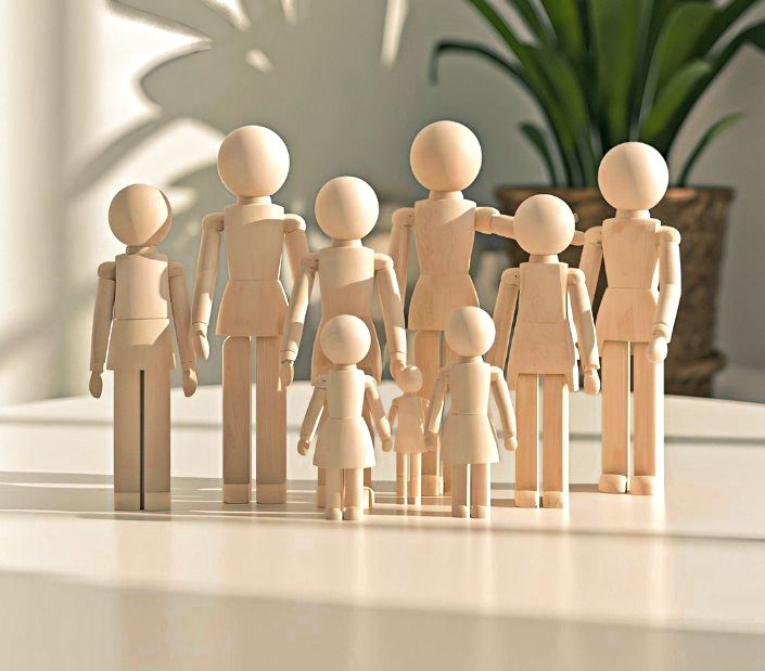 Familienaufstellung mit Holzfiguren